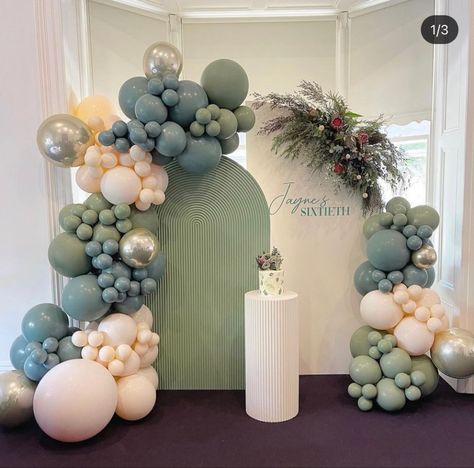 Sage Green And Blue Baby Shower Ideas, 3 Arch Backdrop With Balloons, Baptismal Decorations Boy Backdrops, Arch Backdrop With Balloons, Baby Boy Shower Backdrop, Baby Boy Christening Decorations, Oh Boy Baby Shower Ideas, Sage Green Backdrop, Baby Shower Verde