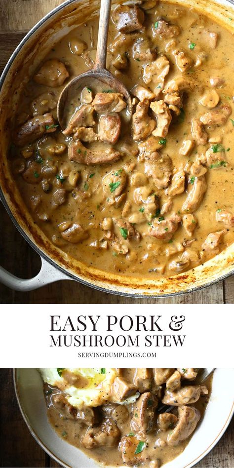 Easy Pork and Mushroom Stew Pork And Mushroom Recipes Slow Cooker, Pork Stew Crockpot Recipes, Pork Tenderloin And Mushroom Recipes, Pork And Veggies Recipes, Pork And Vegetable Soup, Pork And Mushroom Stew, Pork And Mushroom Soup, Pork And Mushrooms Recipes, Pork Stew Meat Crockpot Recipes