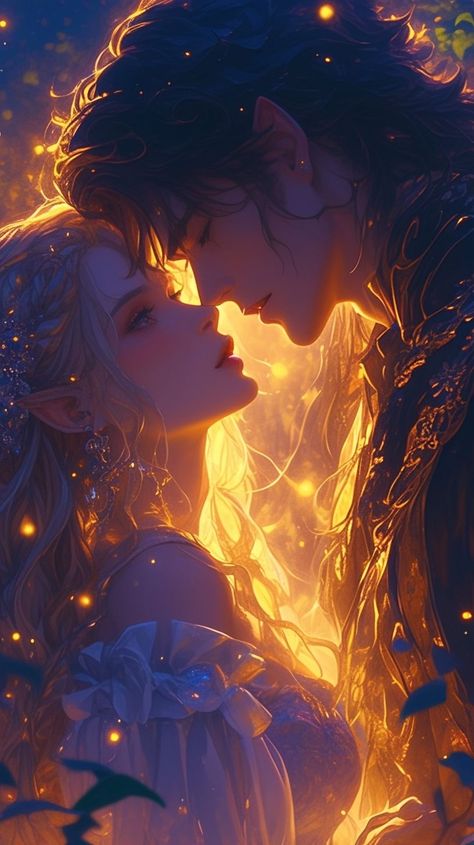 Mystical Castle, Fantasy Romance Art, Flowing Gown, Pointed Ears, Fantasy Couples, Cute Romance, Ethereal Wedding, Wedding Kiss, Romance Art