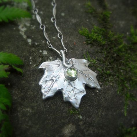 Real Leaf Necklace- Elven Maple Leaf Necklace With Peridot- Made With a Real Leaf- Artisan Handcrafted with Recycled Fine Silver Mystic Jewelry, Maple Leaf Necklace, Leaf Jewellery, Forest Jewelry, Silver Maple Leaf, Real Leaf, Real Leaves, Londonderry, Botanical Jewelry