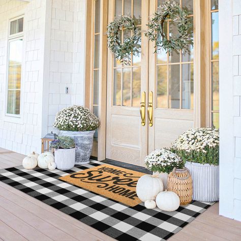 Rosalind Wheeler Kogut Outdoor Doormat & Reviews | Wayfair Black And White Rug, Plaid Rug, Porch Rug, Double Front Doors, Fall Front Door, Fall Front Porch, Front Door Mats, Front Porch Decorating, Fall Door