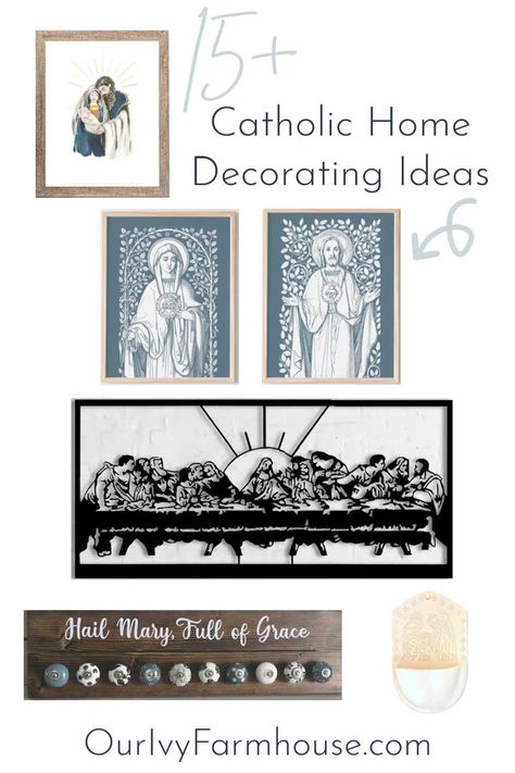 6 different Catholic items on a white background including a picture of the Holy Family, the Sacred Heart of Jesus and Immaculate Heart of Mary in blue, a black metal cut out of the Last Supper, a farmhouse style rosary holder, and white Holy water fount. Rosary Display Ideas, Catholic Minimalism, Modern Altar Design Home Catholic, Catholic Decor Home Ideas, Catholic Altar Home Ideas, Catholic Bedroom, Home Altar Catholic Beautiful, Catholic Prayer Corner, Catholic Home Altar Ideas Living Rooms