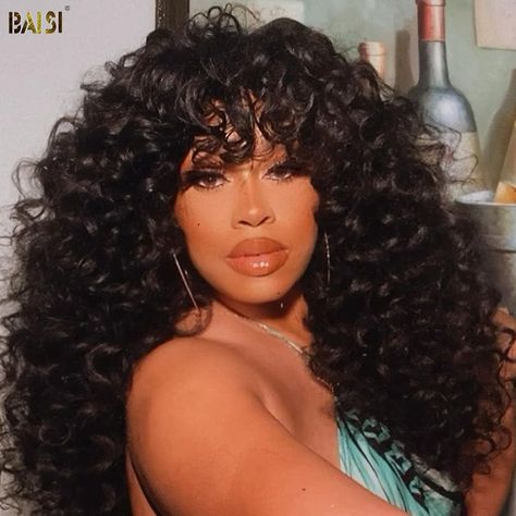 BAISI HAIR Pixie Cut Wig BAISI Sexy Long Bouncy Curl Machine Made WIg With Bang Take Care Of Curly Hair, Photo Hair, Long Curly, 100 Human Hair, Curly Hair, Bangs, Hair