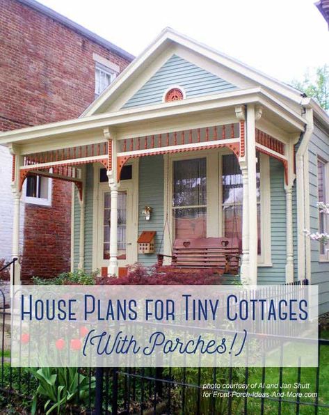 These small cottage house plans are under 1500 square feet of modest, cozy dwellings, all with porches! Although small in size, cottage home plans offer lots of amenities and comfort. Perfect as a primary residence, cottages are also adaptable as cabins or retreats. You'll find a wide array of styles, one of which is sure to meet your needs. Mil Cottage Guest Houses, Small Cottage With Porch, Small Home Plans With Garage, Tiny House Cottage Style, Tiny Cottage Homes, Small Cottage Floor Plans, Victorian Cottage Plans, Small Cottage Homes Interior, Tiny Cottage Floor Plans