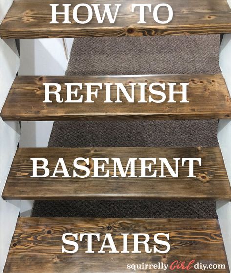 Black Painted Basement Stairs, Refinishing Basement Stairs, Upgrade Basement Stairs, Easy Basement Stair Redo, How To Redo Basement Stairs, Staining Basement Stairs, Basement Landing Ideas Stairways, Unfinished Basement Stairs Ideas, Diy Concrete Stairs Makeover