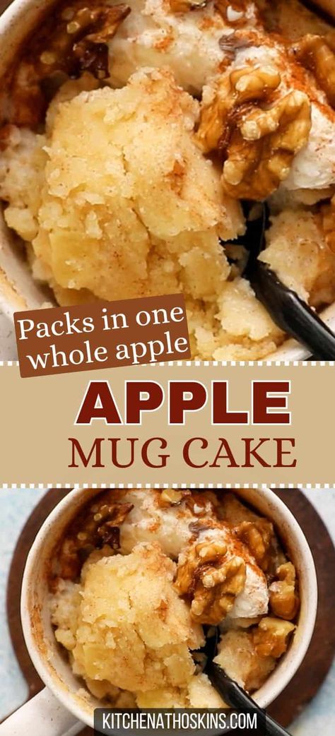 Learn how to make the best apple mug cake in microwave that is easy, eggless and can be made vegan. This easy apple dessert is made using one whole apple and is perfect for fall served with ice cream. Get the microwave cake with apple in a mug at kitchenathoskins.com. Apple Crisp In A Cup Mugs, Quick Desserts Microwave, Mug Pie Recipes, Ww 3 2 1 Mug Cake, Cherry Pie In A Mug, Mug Apple Crumble, Milk Free Mug Cake, Apple Crisp For One Microwave, Microwave Apple Recipes