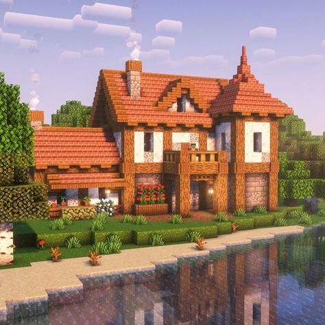 A medium-sized survival house for your Minecraft world! Big Minecraft Houses Survival, Minecraft Big Base, Minecraft Survival Base Ideas, Big Minecraft Builds, Ville Minecraft, Big Minecraft Houses, Minecraft Brick, Minecraft Medieval House, Minecraft Castle Designs