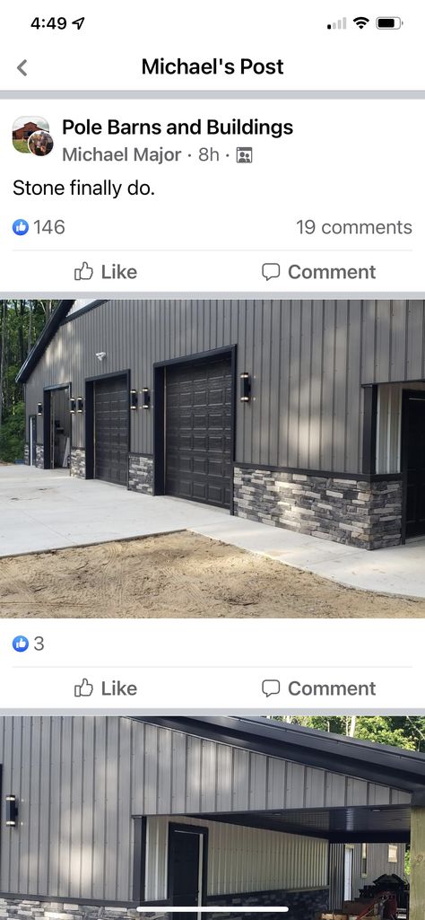 Gray And Black Metal Building, Dark Grey Shop House, Barndominium Gray Exterior, Gray And Black Barndominium Exterior, Dark Gray Metal House, Taupe Barndominium Exterior, Charcoal And Black Metal Building, Light Grey Barndominium Exterior, Barndominium Shop Ideas