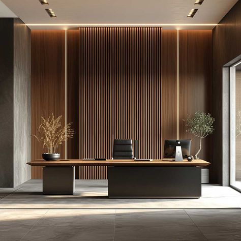 Adding Texture and Style with Unique Vertical Slat Walls • 333+ Images • [ArtFacade] Boss Room Office Interior Design, Office Backdrop Ideas, Boss Cabin Design Office, Office Tv Wall Design, Office Panelling, Law Firm Interior, Elegant Office Design, Boss Office Interior Design, Md Room