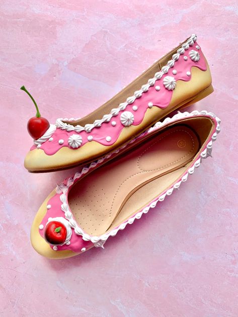 Cake Flats - Shoe Bakery Different Core Aesthetics, Dessert Fashion, Painting Shoes, Clown Shoes, Kawaii Shoes, Ochako Uraraka, Cherry On Top, Tory Burch Flats, Bite Size