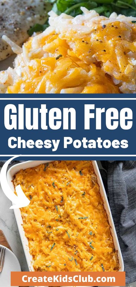 Gluten Free Dairy Free Cheesy Potatoes, Gluten Free Hashbrown Casserole Recipes, Gluten Free Hashbrowns, Gf Potluck Dishes, Cheesy Potatoes No Cream Soup, Gluten Free Cheesy Potato Casserole, Potluck Cheesy Potatoes, Gluten Free Cheesy Potatoes Crockpot, Gluten Free Cheese Potatoes