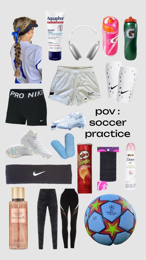 soccer practice Soccer Bag Essentials List, Soccer Outfit Ideas, Soccer Essentials Girls Products, Outfits For Soccer Practice, Outfits For Soccer Games, What To Pack In Your Soccer Bag, Cute Soccer Outfits For Practice, Soccer Tryouts Outfits, Soccer Bag Checklist