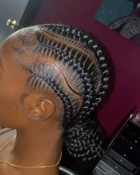 Aug 23, 2021 - This Pin was discovered by Nicola Haynes. Discover (and save!) your own Pins on Pinterest Braided Side Bun For Black Women, Stitch Braids With Small Braids In Between, Feedin Stitch Braids Black, Stitch All Back Cornrows, Stitches All Back Hairstyle, Cornroll All Back Styles, Straight Back Stitch Braids With Bun, Stitches Braids For Black Women, Stitch Braid Hairstyles For Black Women