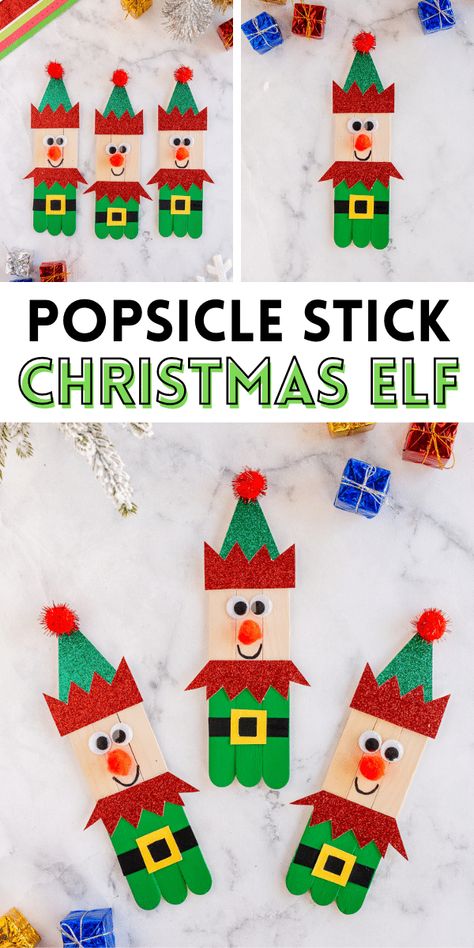 Christmas Craft Stick Crafts, Santa Popsicle Stick Craft, Craft Stick Ornaments Diy Christmas, Paddle Pop Stick Christmas Craft, Christmas Crafts For Kids Popsicle Stick, Popsicle Stick Elf, Christmas Crafts Elf, Diy Christmas Ornaments Popsicle Sticks, Xmas Popsicle Stick Crafts