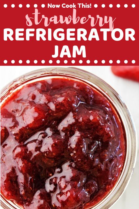 Homemade Strawberry Refrigerator Jam is quick and easy and a great way to use all those summer strawberries! All you need are strawberries, sugar, and lemon juice (no pectin!). You store it in the refrigerator or freezer, so no canning is required! #homemadejam #strawberryjam #refrigeratorjam #freezerjam #strawberries | nowcookthis.com Strawberry Jalapeno Freezer Jam, Refrigerator Strawberry Jam Recipe, Strawberry Refrigerator Jam, Quick Jam Recipes, Strawberry Preserves Recipe Easy, Refrigerator Strawberry Jam, Easy Strawberry Jam Recipe, Refrigerator Jam, Easy Strawberry Jam