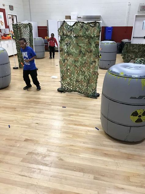 Dart Wars Birthday Party, Nerf Wars Battlefield Indoor, Diy Paintball Course, Nerf Wars Battlefield Diy, Nerf Battle Birthday Party, Call Of Duty Birthday Party Ideas, Nerf Wars Battlefield, Diy Nerf Battlefield, Nerf Battlefield Diy