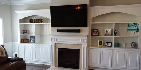 Tv Mount Over Fireplace, Sonos Sound Bar, Picture Frame Tv, Sonos Playbar, Installation Ideas, Tv Over Fireplace, Theater Furniture, Home Theater Installation, Tv Built In