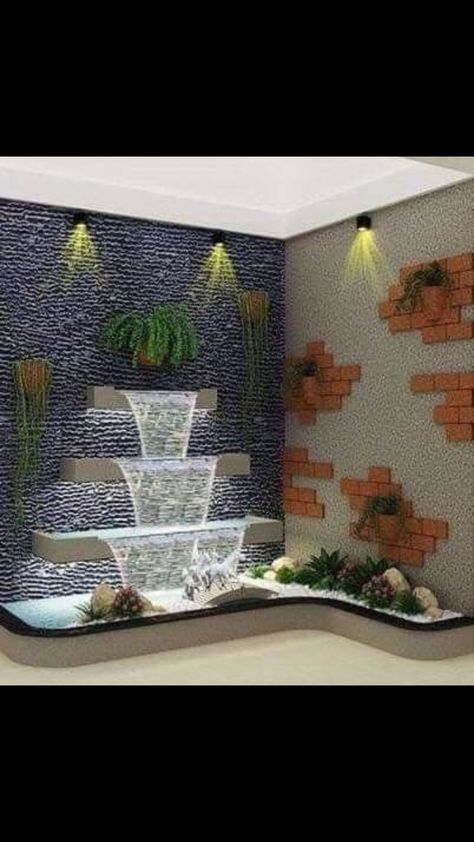 Small Wall Fountain, Waterfall Outside House, Balcony Fountain Ideas, Fountain With Plants, Waterfall In House, Wall Fountain Ideas, Granite Waterfall, Indoor Wall Fountains, Outdoor Wall Fountains