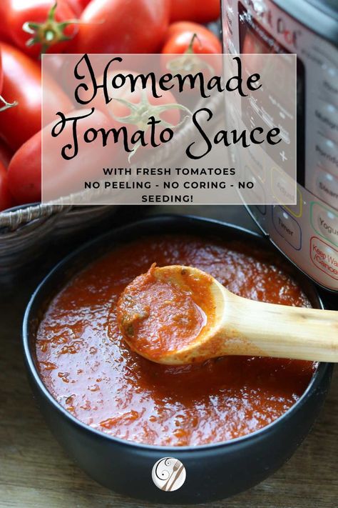 The easiest tomato sauce recipe you'll ever make! Easy, delicious, healthy homemade tomato sauce made with fresh San Marzano tomatoes right in your Instant Pot. No peeling, coring or seeding required. Freeze it in packages for later use for spaghetti, lasagna, and pasta.Weight Watchers Points: 2 Freestyle Smart Points per cup. Freezer friendly and meal prep friendly, too! Tomato Sauce With Fresh Tomatoes, How To Make Tomato Sauce, Sauce With Fresh Tomatoes, Spaghetti Lasagna, Marzano Tomatoes, Cherry Tomato Sauce, Easy Tomato Sauce, Healthy Freezer Meals, San Marzano Tomatoes