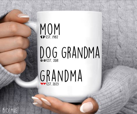 "This personalized Mom est Grandma est Pregnancy Announcement mug is a super cute Promoted to New Grandma gift. Perfect for Pregnancy Reveal, Baby Announcement, Baby Shower to show your love and appreciation. Just order from this listing and put your request in the personalization box provided. 💥IMPORTANT:   Please make sure the TEXT and EST Years are correct.  The information provided by you is final. To speed up processing, proofs will Not be sent to you prior to printing.  Please also includ New Grandma Announcement, Youre Gonna Be A Grandma Announcement, Mom Est Grandma Est, Grandparent Announcement Ideas, Pregnancy Announcement Including Dog, Grandma Reveal Ideas, You’re Going To Be A Grandma Gift, Baby Box Announcing Ideas, Promoted To Aunt Pregnancy Announcements