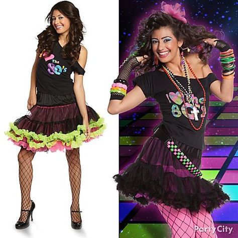 Be, like, totally '80s! Rock your look with gobs of bangles, fishnet gloves, a neon belt and pink leggings. Click for more totally transforming costume ideas! #BeACharacter Punk Outfits 80s, Eighties Costume, Pop Star Costumes, 1980s Costume, 80s Fancy Dress, Party City Costumes, Pop Party, 80s Party Outfits, Star Costume