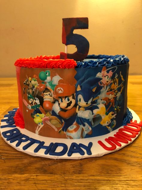 Sonic And Mario Party Ideas, Super Mario And Sonic Cake, Sonic And Mario Birthday Cake, Mario Vs Sonic Birthday Cake, Sonic Vs Mario Cake, Sonic Mario Birthday Party, Mario Sonic Cake, Sonic And Shadow Cake, Sonic Vs Mario Birthday Party