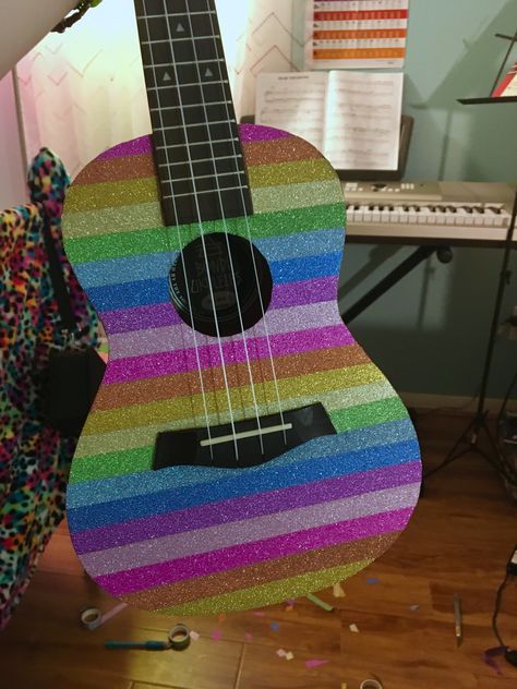 I put rainbow washi tape on my ukulele for the talent show and it was SPARKLY Rainbow Guitar, Instrument Art, Instruments Art, Auction Projects, Talent Show, Pop Rocks, Board Ideas, Stage Outfits, Art Show