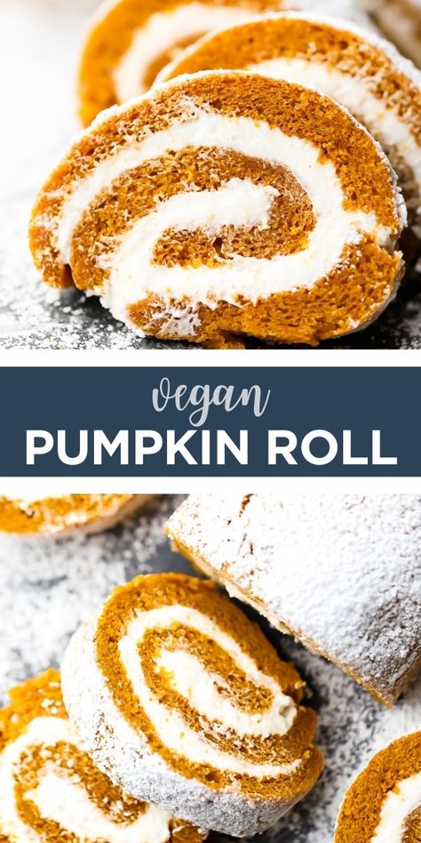 Vegan Pumpkin Roll, Moist Pumpkin Cake, Pumpkin Roll Cake, Pumpkin Rolls Recipe, Vegan Pumpkin Recipes, Vegan Baking Recipes, Vegan Cream, Vegan Thanksgiving Recipes, Pumpkin Roll