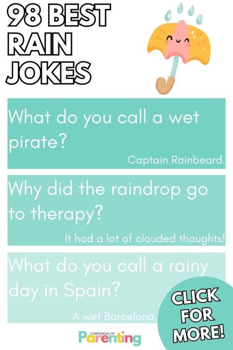 It’s raining…it’s pouring…funny rain jokes! Rain or shine, these jokes will make you smile. Rain Jokes, Funny Rain, Free Rain, It's Raining, Jokes For Kids, Rain Or Shine, You Smile, Brighten Your Day, Make You Smile