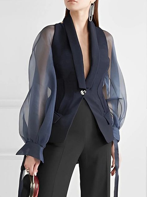 Loose Puff Sleeves See-Through Split-Joint Lapel Blazer Suits Blouses & Shirts Tops BLACK-S Split Top Outfit, Statement Blazer, Suit Blouse, Midi Skirts Summer, High Waist Long Skirt, Lapel Blazer, Tops Black, Straight Trousers, Collars For Women