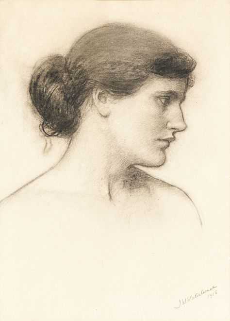 John William Waterhouse, R.A., R.I. 1849-1917  HEAD STUDY, PROBABLY FOR A TALE FROM THE DECAMERON                                                                                                1849-1917... John William Waterhouse Drawing, Waterhouse Paintings, John Waterhouse, Pre Raphaelite Art, John Everett Millais, Drawing Heads, John William Waterhouse, Master Drawing, William Turner