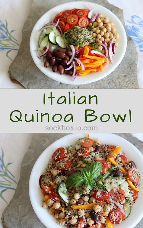 Italian Buddah Bowl, Italian Buddha Bowl, Work Week Lunches, Italian Quinoa, Gluten Free Italian Recipes, Italian Bowl, Sweet Potato Bowls, Hummus And Pita, Gluten Free Italian