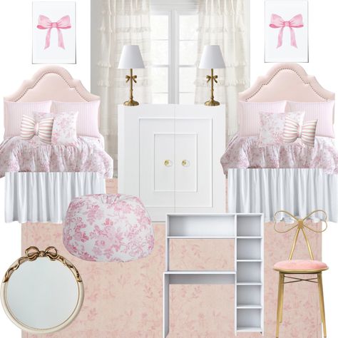 Pink floral love shack fancy inspired dorm design Dorm Room Ideas Suite Style, Dorm Must Haves College, Feminine Dorm Room, College Aesthetic Dorm Room, Sorority Dorm Room, Bama Dorm, Aesthetic Dorm Room Ideas, Rustic Dorm Room, Real Apartment