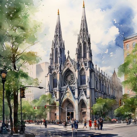 Cathedral Painting, Neo Gothic Architecture, St Patrick's Cathedral, Grace Symbol, Wallpaper Gift, Neo Gothic, Stone Exterior, Italian Village, Blooming Trees