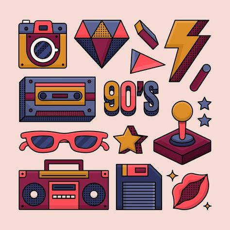 Flat nostalgic 90's elements collection ... | Premium Vector #Freepik #vector #colorful #elements #flat-design #design-elements 90s Drawings, 90s Elements, 90s Graphic Design, Retro Elements, Graphic Design Style, Retro Tech, Nostalgic Design, Minimalist Font, 90s Design