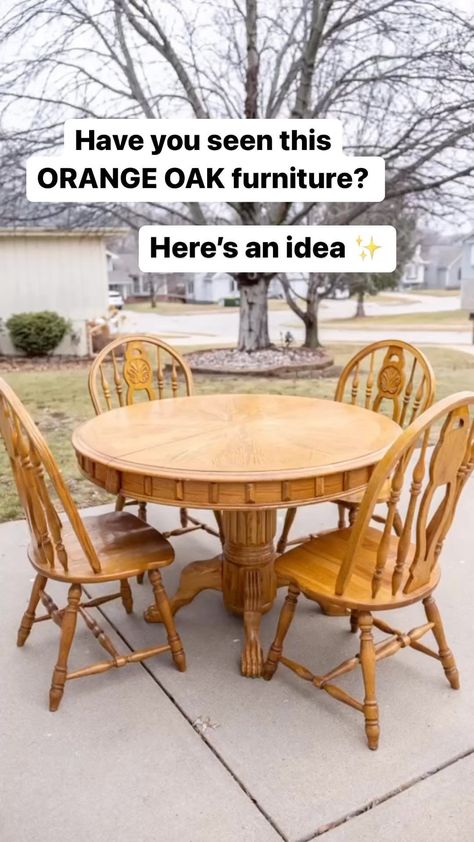 Lauren Hull | furniture flipping teacher | Transform your Kitchen Table set ✨ Here’s some inspiration and a how-to for your old outdated orange and oak furniture. This type of… | Instagram Refurbished Kitchen Tables, Antique Kitchen Table, Oak Table And Chairs, Painted Dining Room Table, Refurbished Table, Dining Room Table Makeover, Old Kitchen Tables, Refinished Table, Kitchen Table Oak