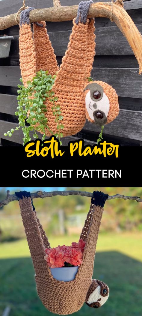 You Can Crochet The Cutest Sloth Plant Holder And I Need It In My Life Now Crochet Patterns For Plant Hangers, Hanging Sloth Planter Crochet Pattern, Free Sloth Planter Crochet Pattern, Sloth Plant Hanger Pattern, Sloth Crochet Plant Holder Free Pattern, Crochet Sloth Hanging Planter, Chrochet Plant Hanger, Plant Crochet Holder, Sloth Plant Hanger Crochet Pattern