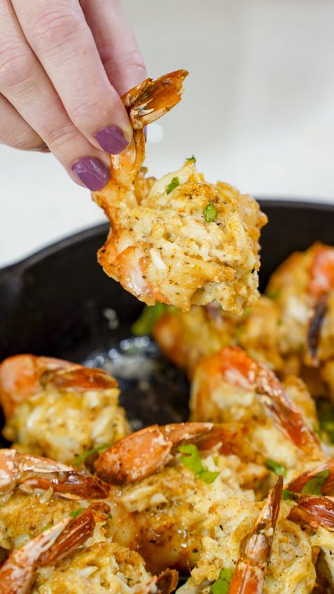 Baked Jumbo Stuffed Shrimp Recipe with Crabmeat | Couple in the Kitchen Stuff Fish With Crabmeat, Cream Cheese Stuffed Shrimp, Sea Food Meals, Smoked Crab Stuffed Shrimp, Seafood Stuffed Peppers, Jumbo Lump Crab Meat Recipes, Crab And Shrimp Stuffed Bell Peppers, Room Temp Appetizers, Stuffed Shrimp Recipes