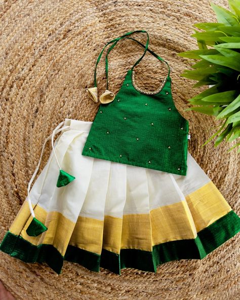 Kasavu Lehenga, Onam Special, Dresses Birthday, Full Gown, Partywear Dresses, Green Lehenga, Traditional Attire, Kids Store, Birthday Dresses