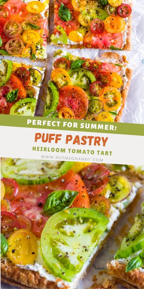 Heirloom Tomato Appetizer, Tomato Ricotta Puff Pastry Tart, Tomato Mozzarella Tart, Heirloom Tomato Tart Puff Pastry, Green Tomato Tart, Recipes Using Heirloom Tomatoes, Fresh Tomato Tart, Fresh Tomato Appetizers, Fresh Tomato Appetizer Recipes