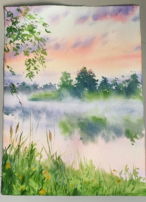 Wet On Wet Landscape Watercolor, Landscape Water Paintings, Grass Painting Watercolor, Watercolor Painting Forest, Watercolour Spring Landscape, Spring Landscape Watercolor, Watercolor Reflections In Water, How To Paint Grass Watercolor, Water Reflection Illustration