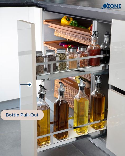 With Ozone’s bottle pull-out cabinets, give your kitchen that much-needed makeover. Mixing elegance with functionality, these come with a seamless chrome finish and will put an end to all your storage woes! #Ozone #Hardware #OzoneHardware #DoorHardware #HomeHardware #InteriorDesign #InteriorDecorating #HomeDesign #KitchenFittings #Kitchen #KitchenCabinet #BottlePullOut Furniture Fittings, Fitted Furniture, Kitchen Fittings, Home Hardware, Chrome Finish, Kitchen Furniture, Door Hardware, Liquor Cabinet, Kitchen Cabinets