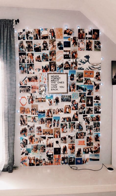 Decor With Polaroid Pictures, Print Out Picture Wall Ideas, Cute Picture Walls Room Ideas, Bedroom Inspirations Picture Wall, Aesthetic Wall In Bedroom, Room Decor Pictures Wall Inspiration, Room Ideas Aesthetic Pictures, Wall Photo Collage Bedroom, Cute Things To Do With Printed Photos