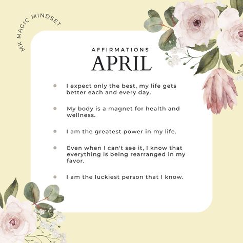 Here are some affirmations to play around with this month. Comment below and let me know which one is your favorite and which one resonates with you the most. #mkmagicmindset #affirmationsoftheday #affirmationoftheday #monthlyaffirmation #affirmationpositive #positiveaffirmations #aprilaffirmations April Manifestation, April Affirmations, Monthly Affirmations, Life Gets Better, Affirmation Of The Day, Affirmations For Happiness, Monthly Goals, Happy Words, New Month