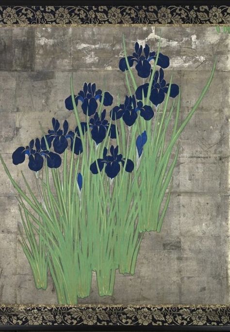 Detail. A four-fold Japanese screen painted in ink and colour on a silver ground with blue and white kakitsubata (iris). Seal: Ueda Kōho. 20th century. Taishō /Shōwa period. Japanese Art Green, Ikenaga Yasunari Japanese Art, Japanese Iris Painting, Japanese Old Painting, Iris White, Japanese Iris, Vietnam Art, Iris Painting, Japanese Screen