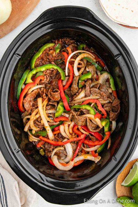 Slow Cooker Steak Fajitas Recipe Steak Fajitas Crockpot, Slow Cooker Steak Fajitas, Sausage And Peppers Crockpot, Crockpot Steak Recipes, Crockpot Fajitas, Crockpot Pepper Steak, Easy Steak Fajitas, Chicken Fajitas Crockpot, Crockpot Stuffed Peppers