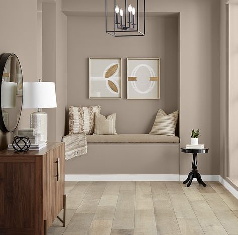 Behr Abbey Stone, Beige Colour Wall Paint, Behr Mesa Taupe Living Room, Entrance Wall Color Ideas, Townhouse Paint Ideas, Colors For Hallways Paint, Earthnut Behr Paint, Hallway Paint Colors Behr, Behr Shitake Paint Color