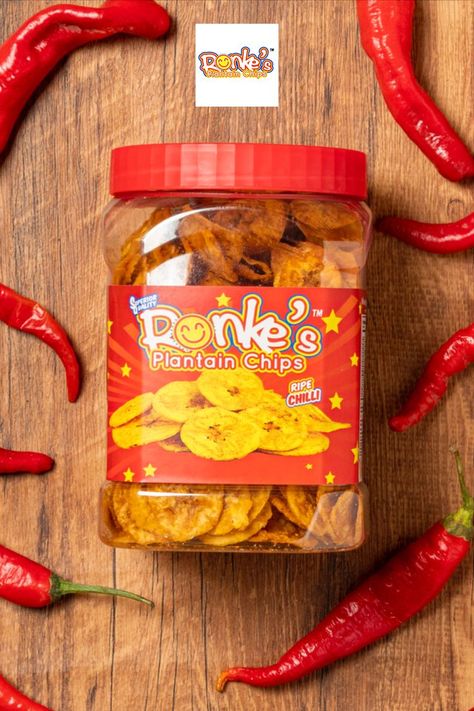 A jar of plantain chips on a table surrounded by red chilli peppers Plantain Chips Flyer Design, Plantain Chips Packaging Design, Banana Chips Packaging Design, Plantain Chips Label Design, Snacks Photoshoot, Snacks Business, Fmcg Products, Fridge Cupboard, Apple Cider Vinegar Morning