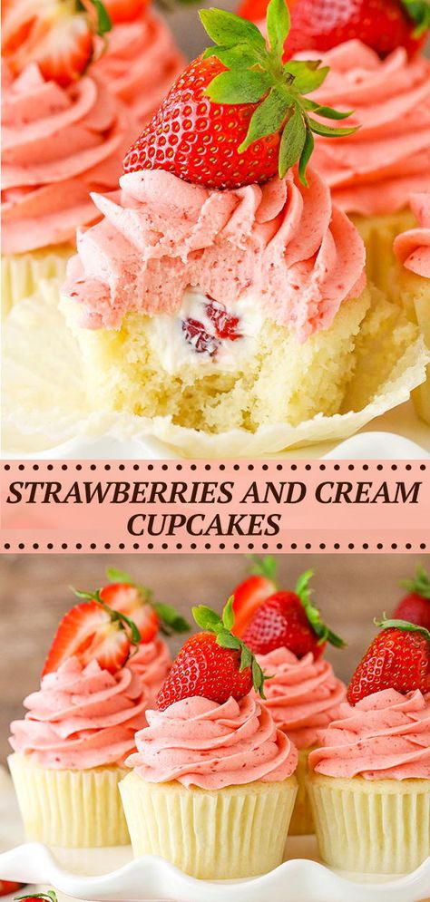 Strawberries And Cream Cupcakes, Strawberry Cupcake Recipes, Delicious Cupcakes Recipes, Vanilla Cupcake Recipe, Cream Cupcakes, Strawberry Dessert, Strawberry Frosting, Dessert Photography, Gourmet Cupcakes