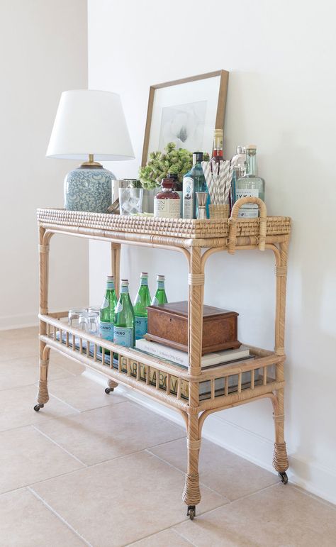 Unique Bar Cart, Gold Bar Cart Styling, Rattan Bar Cart, Bar Console, Diy Bar Cart, Gold Bar Cart, Bar Cart Styling, Bar Cart Decor, Diy Bar